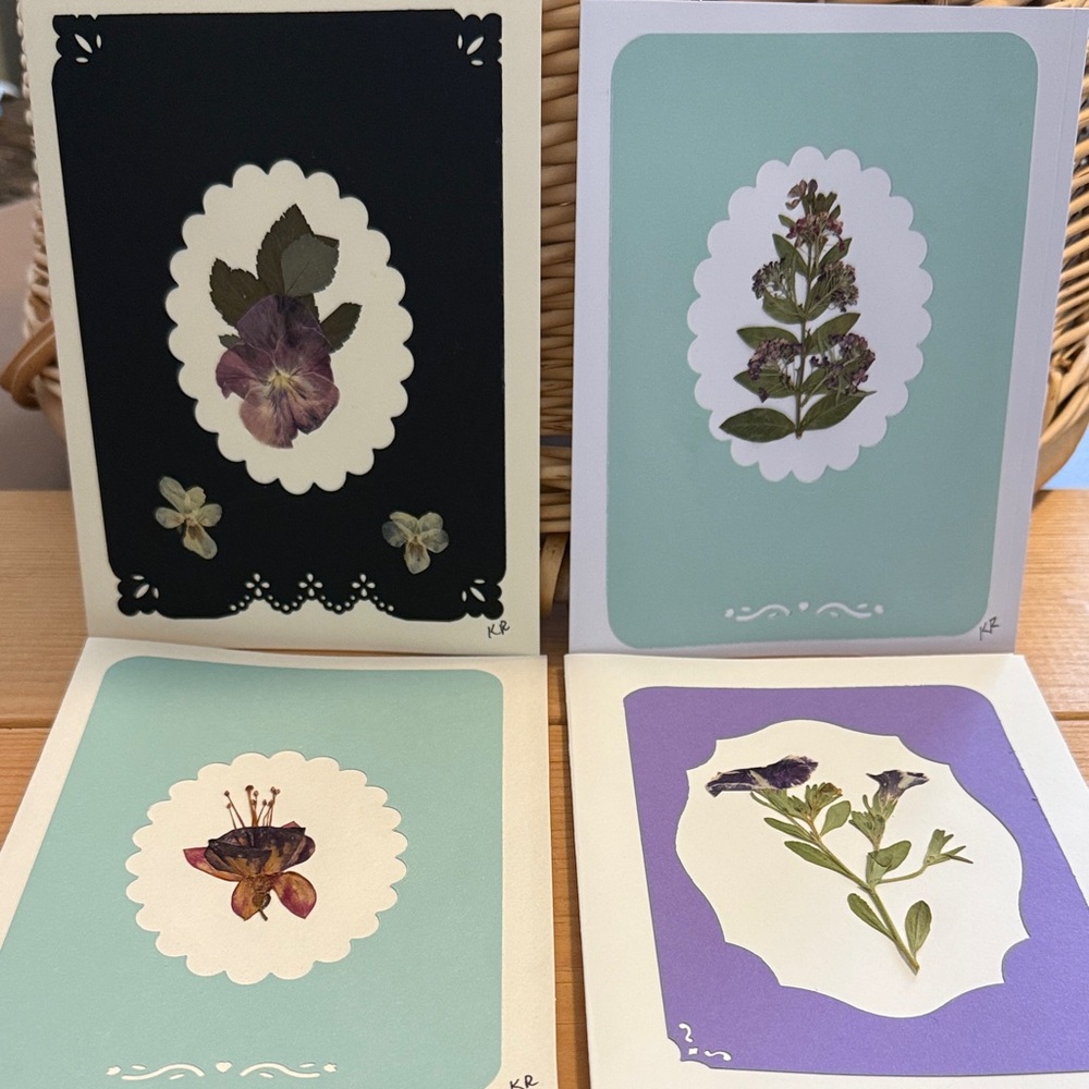 4 Hand-crafted Pressed Flower Greeting Cards, 2-bday, 2-blank; all w/envelopes